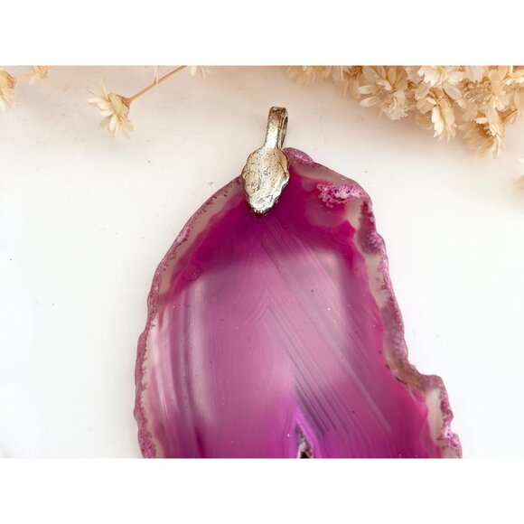 Pink Agate Sliced Geode Crystal Freeform Shaped Large Gold T Vintage Pendant - Picture 4 of 13
